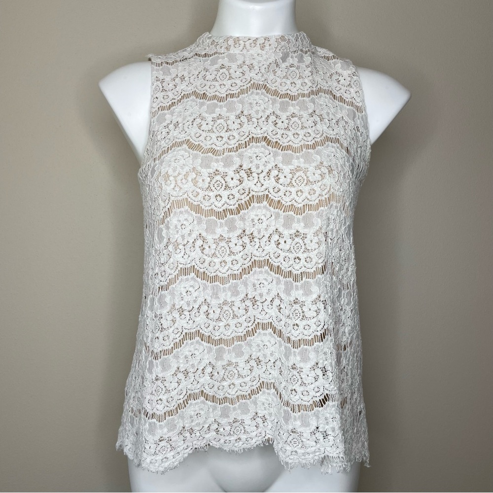 Off-White Lace Sleeveless Top with High Neck and HiLo Hem Fully Lined